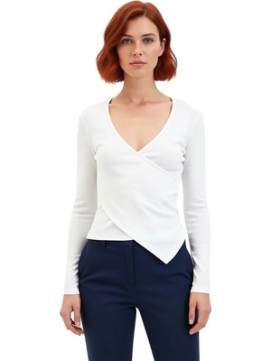 Ersefa Kadın Düz Kruvaze Yaka Uzun Kollu Vücuda Oturan Bluz Pamuk Polyester Esnek Örme Konforlu Stil