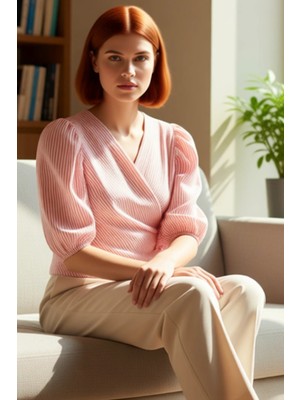 FRM Yazlık Çok Çizgili V Yaka Bluz Dokuma Gofre Kumaş Balon Kol Özel Tasarım