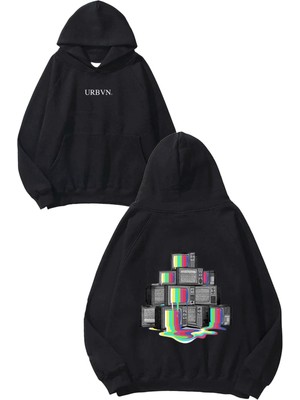 Urbvn Tv Tasarım Baskılı Oversize Siyah Kapüşonlu Sweatshirt