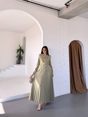 Bella Breeze Kadın Kemerli Gold Düğmeli Premium Ceket Pileli Uzun Etek Takım Elbise