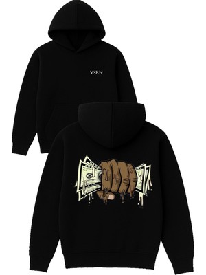 Vsrn Yumruk Para Tasarım Baskılı Oversize Siyah Kapüşonlu Sweatshirt