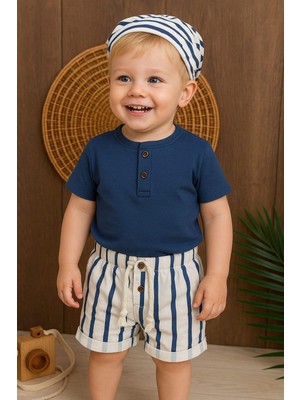 Dinamik çocuk Çizgili Şapkalı Düğme Detaylı Omuzdan Çıtçıtlı Yazlık Erkek Bebek Takımı
