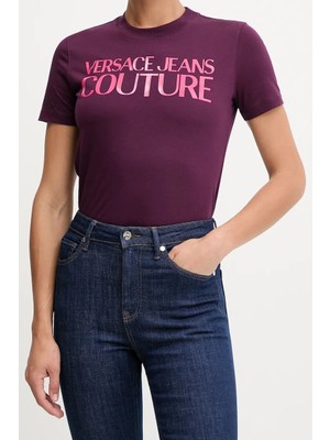 Versace Kadın Regular Fit Parlak Yazı Logolu Bisiklet Yaka T-Shirt - Mor