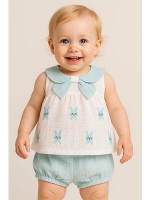 Dinamik çocuk Kız Bebek Yazlık Müslin Takım Fiyonklu Tavşan Desenli Bebe Yaka Kolsuz 2li Alt Üst 3-6-9-12-18-24AY