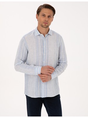 Pierre Cardin Erkek Açık Mavi % 100 Keten Uzun Kollu Gömlek 50304522-VR003
