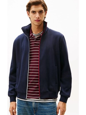 Tommy Hilfiger Erkek Şerit Detaylı Dik Yaka Fermuarlı Sweatshirt - Lacivert