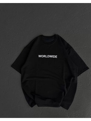 Moda Unisex Bisiklet Yaka Baskılı Oversize T-Shirt - Siyah