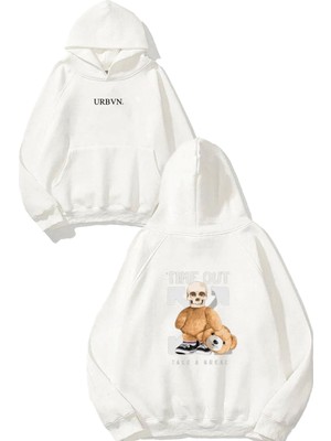 Urbvn Time Out Tasarım Baskılı Oversize Beyaz Kapüşonlu Sweatshirt
