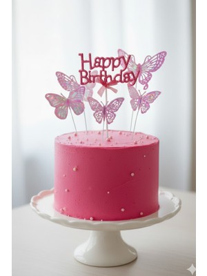 Pastry Planet Pasta Üstü Happy Birhtday & Kelebek Süs Seti Pembe