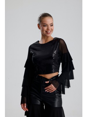 Sense Payetli Tül Kol Crop Bluz | BUST36090 Siyah