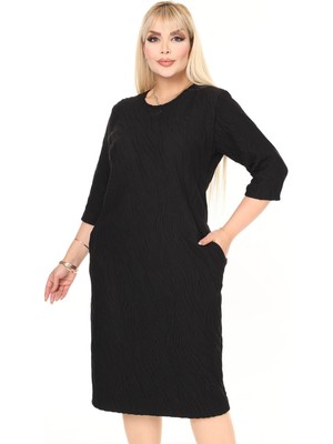 Modayız Çift Cepli Desenli Esnek Kışlık Büyük Beden Midi Elbise 9F-2731