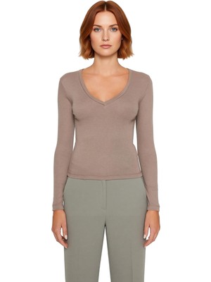 Ersefa Kadın V Yaka Uzun Kollu Fitted Örme Bluz Çok Yönlü Kullanım Için Kaliteli Şık Rahat Modern