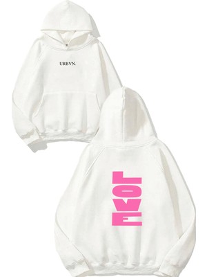 Urbvn Pink Love Tasarım Baskılı Oversize Beyaz Kapüşonlu Sweatshirt