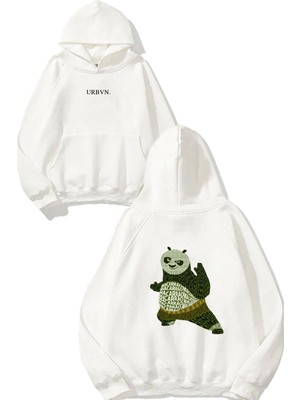 Urbvn Kung Fu Tasarım Baskılı Oversize Beyaz Kapüşonlu Sweatshirt