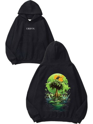 Urbvn Jungle Tasarım Baskılı Oversize Siyah Kapüşonlu Sweatshirt