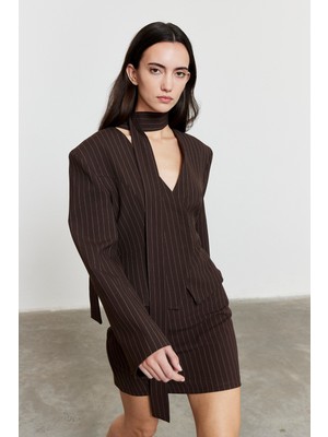 Facette Çizgili Mini Etek Acı Kahve