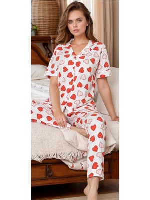 Alissa Kadın Ekru & Kırmızı Pamuklu Kalp Desenli Patlı Pijama Takımı