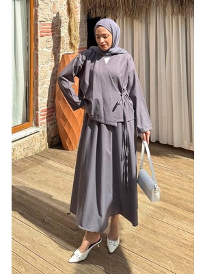 Lamelif Bağlama Detaylı Etekli Takım Antrasit