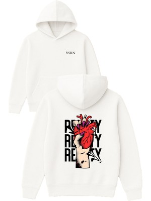 Vsrn Relax Tasarım Baskılı Oversize Beyaz Kapüşonlu Sweatshirt