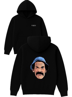 Vsrn Şapkalı Adam Tasarım Baskılı Oversize Siyah Kapüşonlu Sweatshirt