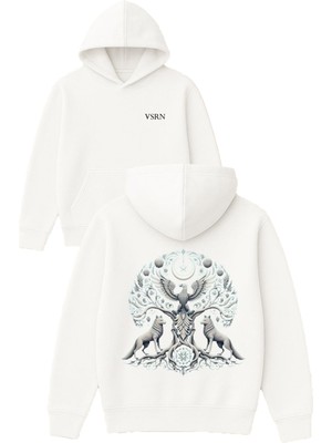 Vsrn Kurt Kartal Tasarım Baskılı Oversize Beyaz Kapüşonlu Sweatshirt