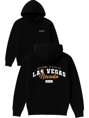 Vsrn Las Vegas Welcome To Cıty Of Tasarım Baskılı Oversize Siyah Kapüşonlu Sweatshirt