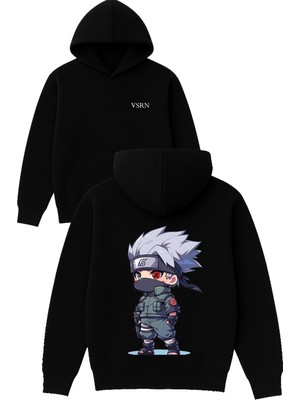 Vsrn Kırmızı Yesil Gözlü Anime Tasarım Baskılı Oversize Siyah Kapüşonlu Sweatshirt