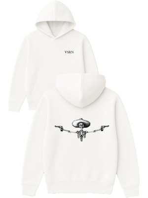 Vsrn Slahlı Iskelet Tasarım Baskılı Oversize Beyaz Kapüşonlu Sweatshirt