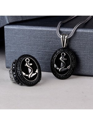 Takı925 925 Ayar Gümüş Mikro Taşlı Çapa Model Kolye Yüzük Kombini