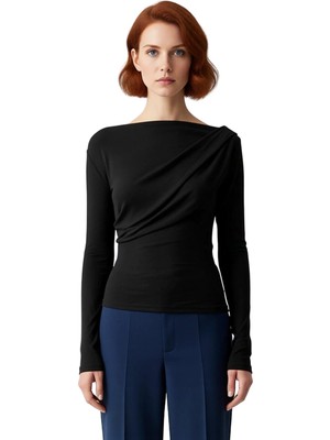 Ersefa Kadın Asimetrik Yaka Dökümlü Vücuda Oturan Esnek Örme Bluz Kaliteli Şık Rahat Modern Zarif