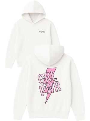 Vsrn Grl Pwr Tasarım Baskılı Oversize Beyaz Kapüşonlu Sweatshirt