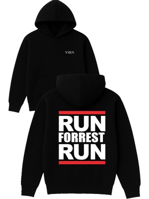 Vsrn Run Forrest Run Yazılı Tasarım Baskılı Oversize Siyah Kapüşonlu Sweatshirt