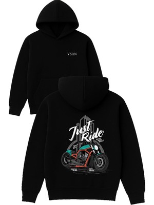 Vsrn Just Ride Tasarım Baskılı Oversize Siyah Kapüşonlu Sweatshirt