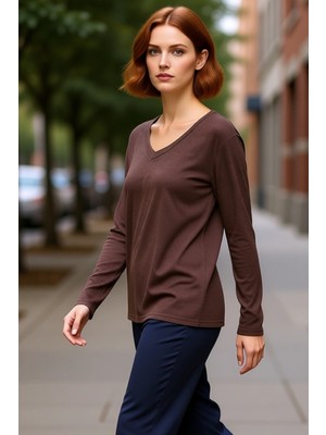 PayBuy Kadın V Yaka Düşük Kol Uzun Kollu Esnek Örme Bluz Günlük Kullanım Için Mükemmel Kaliteli Şık