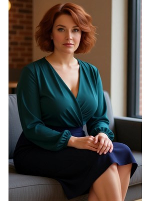 FRM Kadın Moda Şık Büyük Beden Regular Kruvaze Yaka Regular Kalıp Örme Sandy Bluz