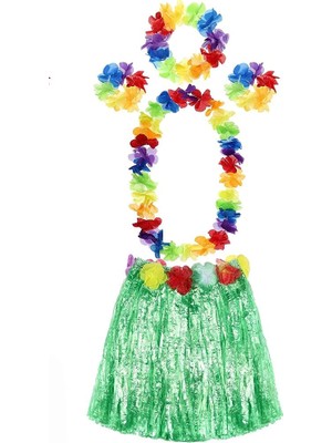 Mena Rise Yetişkin ve Çocuk Uyumlu Luau Aloha Hawaii Yeşil Etek ve Renkli Kolye Taç 2 Adet Bileklik Seti - Lisinya