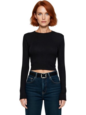 Ersefa Kadın Fitted Viskoza Elastan Karışımlı Bluz Pembe Bisiklet Yaka Crop Kesim Uzun Kollu Tüm Sezonlar