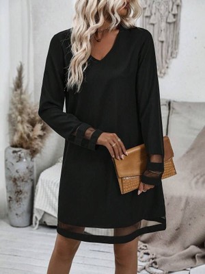 Arben Boutique Kadın Uzun Kollu V Yakalı Tül Şerit Detaylı Mini Krep Elbise