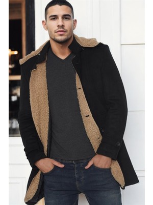 Dewberry Süet Görünümlü Erkek Palto Uzun Kol Orta Kalınlık Siyah %95 Polyester 2XL PLT9399