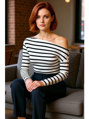 FRM Kadın Şık Regular Kayık Yaka Düşük Kol Slim Kalıp Örme Düz Yumuşak Kumaşlı Fitted Vücuda Oturan Bluz