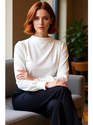 FRM Kadın Moda Şık Üst Giyim Regular Dik Yaka Regular Kalıp Örme Fit Gipe Detaylı Esnek Bluz