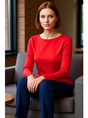 FRM Kadın Moda Şık Üst Giyim Crop Kayık Yaka Slim Kalıp Örme Pamuklu Fitted Vücuda Oturan Esnek Bluz