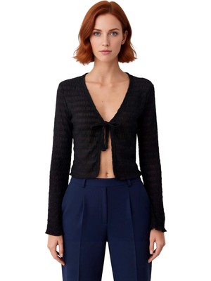 Ersefa Kadın Uzun Kollu V Yaka Bağcıklı Dokulu Örme Bluz Kaliteli Şık Rahat Modern Zarif Günlük