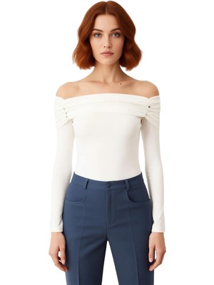 Ersefa Kadın Off Shoulder Fitilli Örme Üst Zarif Detaylı ve Uzun Kollu Kaliteli Şık Rahat Modern Zarif