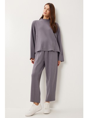 Happiness İstanbul Yarasa Kollu Nervürlü Modal Üst-Alt Takım LDM0009 Füme