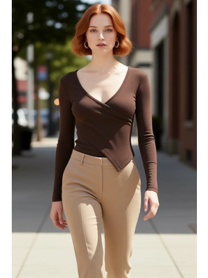 PayBuy Kadın Fitted V Yaka Uzun Kol Esnek Örme Kruvaze Bluz Günlük Kullanım Için Ideal Şık Tasarım