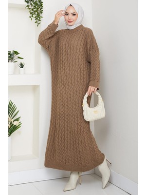 Örgü Desen Triko Elbise Vizon HM2526