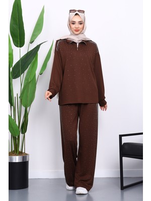 İmaj Butik Kahverengi Taşlı Yaka Fermuarlı Tunik Pantolonlu Takım