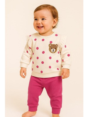 Dinamik çocuk Kız Bebek/çocuk Puantiyeli Punch Ayıcık Omuzu Çıtçıtlı Bebek Takımı 2li Altüst Mevsimlik 3-6-9-12AY