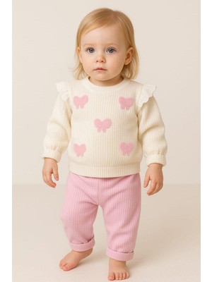 Dinamik çocuk Kız Bebek Süzene Fiyonk Nakışlı Omuzdan Çıtçıtlı Bebek Takımı 2li Mevsimlik 6-9-12AYLIK